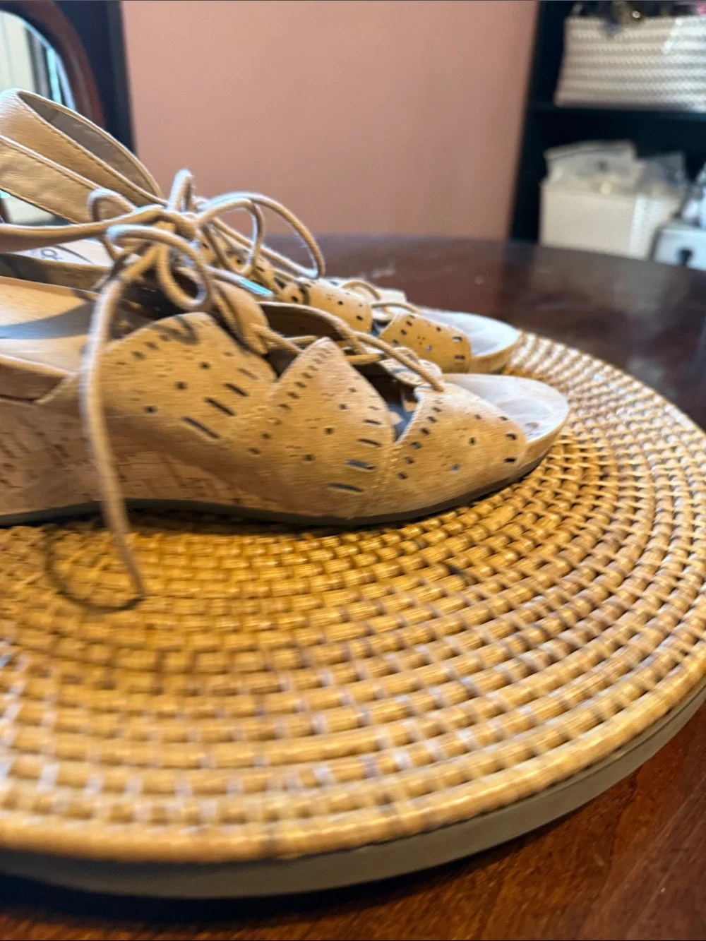 Abeo Tan Suede Lace-Up Cork‎ Wedge Sandals